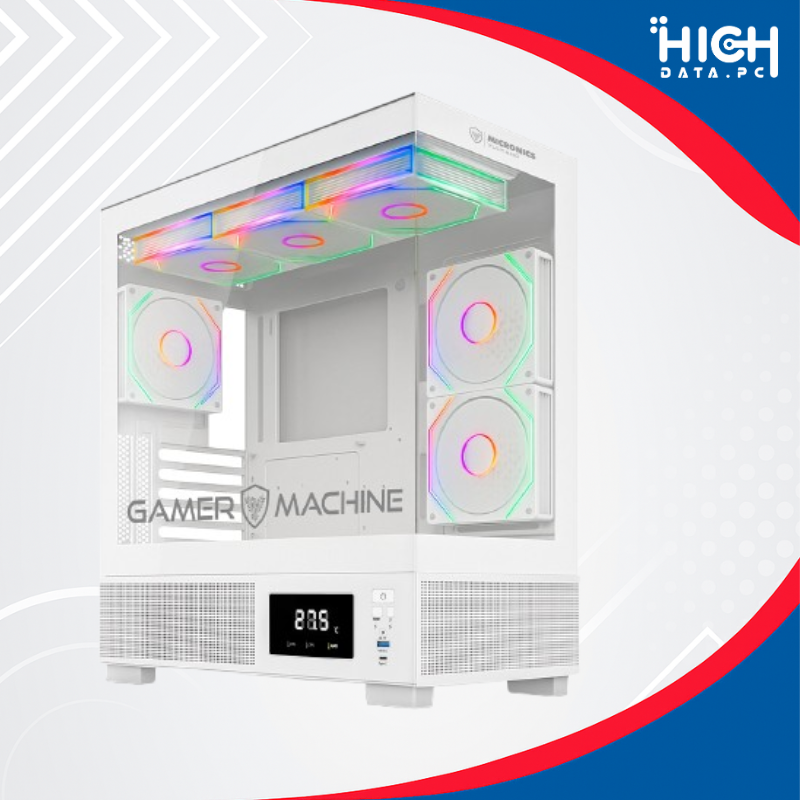 GABINETE GAMER MICRONICS VULKANO WHITE MIC FC1001W ATX, 6 VENTILADORES ARGB, DISPLAY DE TEMPERATURA, SIN FUENTE